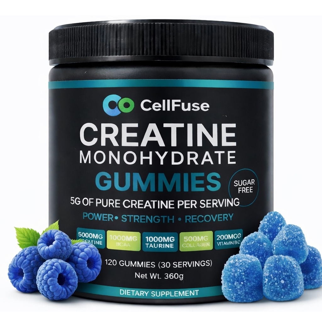 Creatine Monohydrate Gummies, 5000 mg per Serving, Sugar Free, Blue Raspberry Flavor, GMP Compliant. Muscle & Strength Recovery Supplement, 120 Gummies (30servings), 3rd Party Tested.