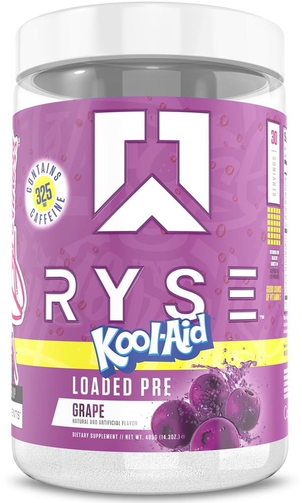 RYSE Loaded Pre Workout Powder - Kool-Aid Grape - Daily Pre-Workout for Men & Women with 300mg Caffeine, Beta Alanine, and Citrulline for Pump, Focus, and Energy - 30 Servings