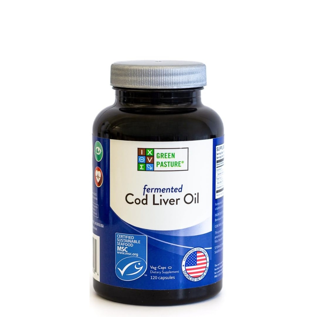 Green Pasture Fermented Cod Liver Oil Capsules - Wild Alaska Cod, Vitamins A & D, Omega-3, Non-Gelatin 120 Count