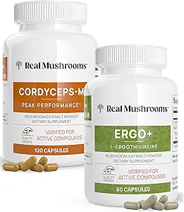Véritables champignons Ergothioneine (60ct) et Cordyceps-M (120ct) avec des extraits de champignons Shiitake et Oyster - Longévité et énergie - Vegan, sans gluten, sans OGM - Soutien naturel au vieillissement en santé