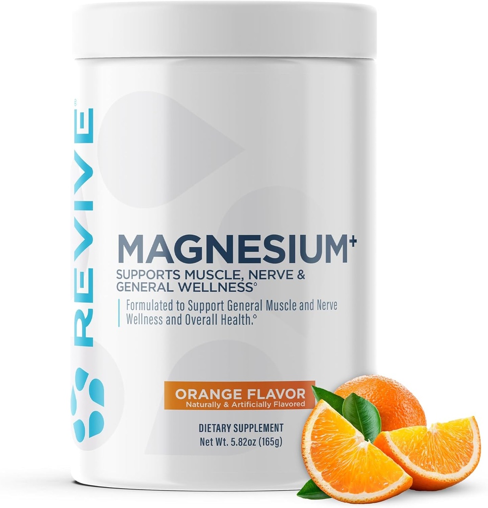 Supplément en poudre de magnésium Revive MD - Le carbonate de magnésium et la boisson en poudre Taurate soutiennent les os, les muscles et les nerfs sains - Végétalien-Ami, sans gluten et sans soja - 30 portions, orange
