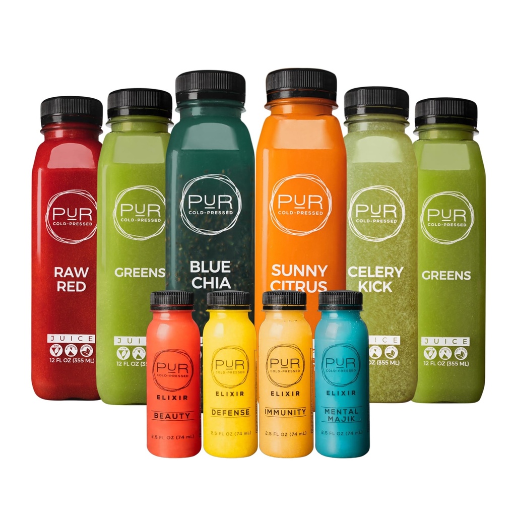 PUR Cold-Pressed Juice – 7-Day Ultimate Juice Cleanse with Wellness Shots – Supports Digestion, Immunity & Energy – Greens, Blue Chia, Celery Kick & More – 42 Bottles & 24 Functional Shots