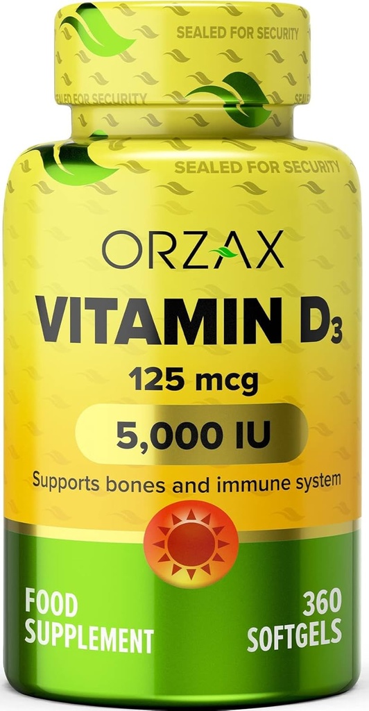 ORZAX Vitamine D3 5000 iu (125 mcg) – Non-OGM, sans gluten, sans sucre, sans lait – 1 an d'approvisionnement pour la fonction musculaire forte et le soutien immunitaire – supplément d'humeur pour le bien-être (360 Softgel)