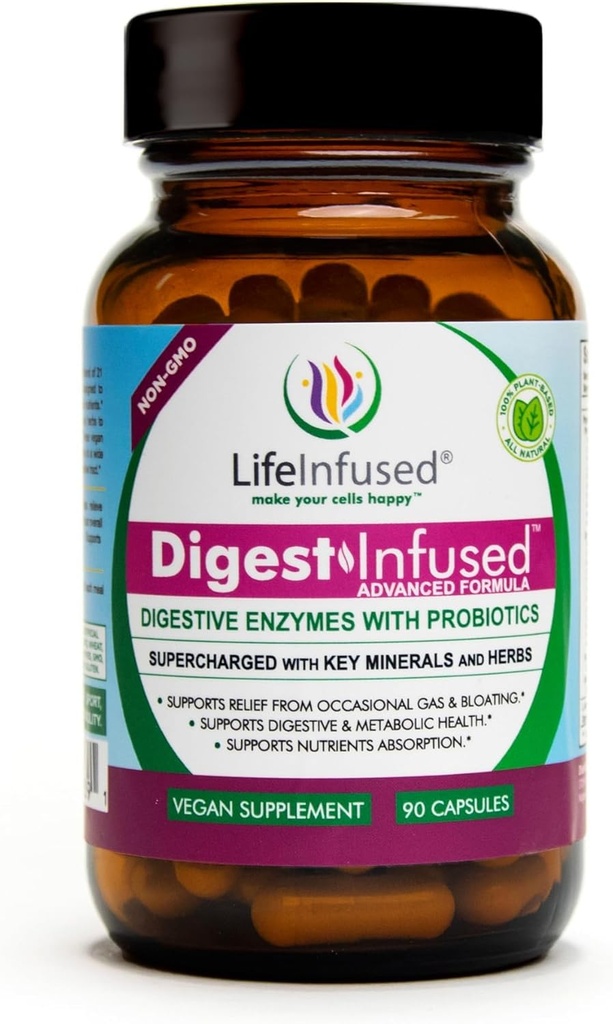 Life Infused - Premium Digestive Enzyme Supplements - 21 Plant-Based Enzymes, Proteases, Bromelain, Amylase, Papain - Probiotics, 72 Key Minerals & Herbs - Ease Gas & Bloating. 90 Servings.