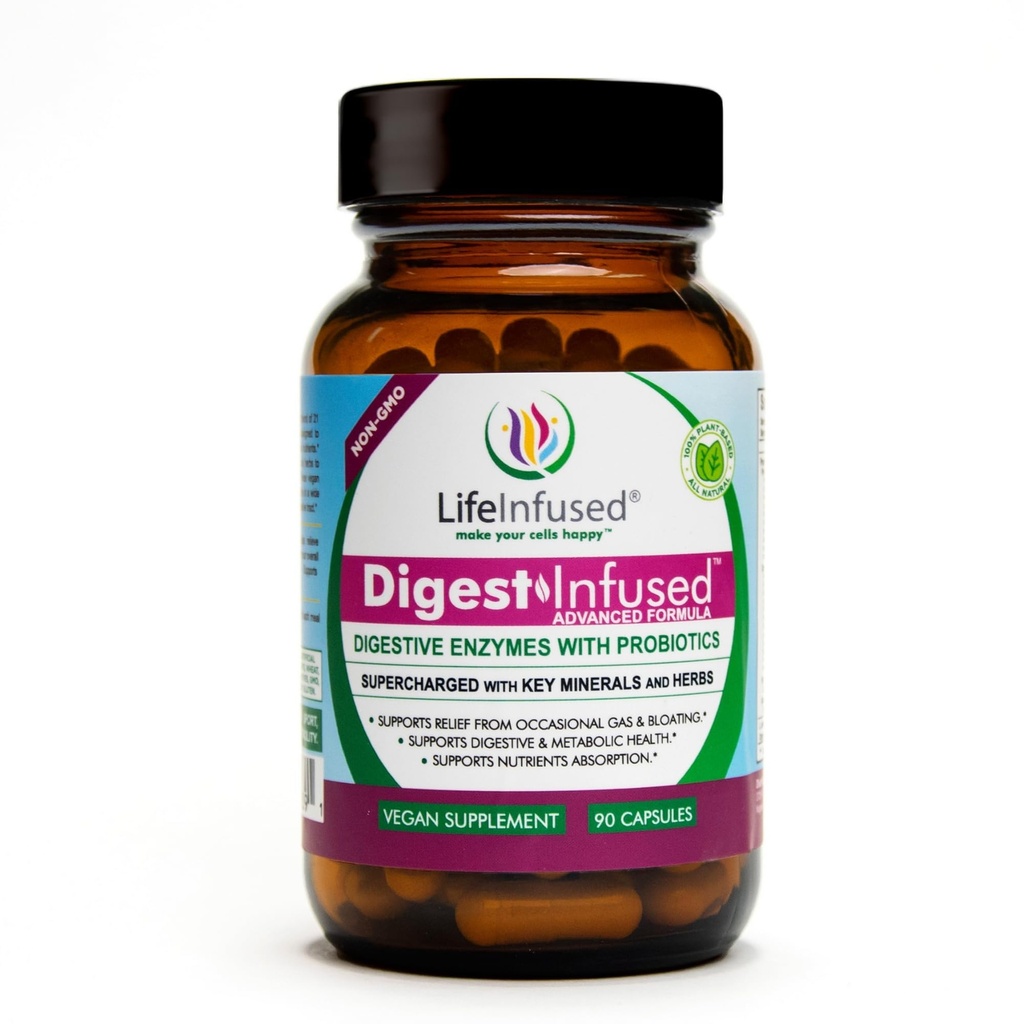 Life Infused - Suppléments enzymatiques digestifs de qualité supérieure - 21 enzymes à base végétale, protéases, bromelain, Amylase, Papaine - Probiotiques, 72 minéraux et herbes clés - gaz d'aisance et ballonnement. 90 Services.