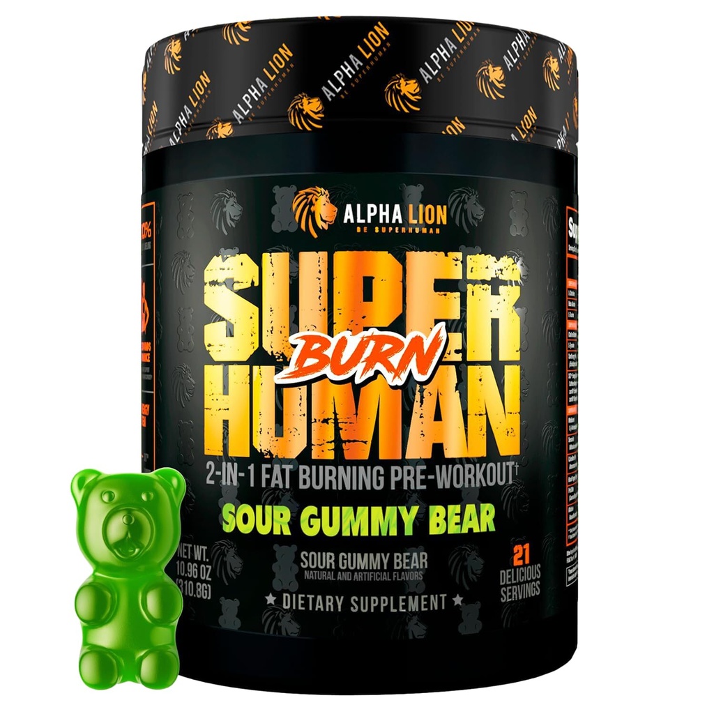 ALPHA LION Superhumain Burn – 2 en 1 Métabolisme Booster avant l'entraînement et Thermogénique Fat Burner pour les hommes – Suppresseur d'appétit et supplément de perte de poids (21 portions, ours aigre)