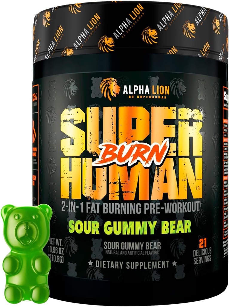 ALPHA LION Superhumain Burn – 2 en 1 Métabolisme Booster avant l'entraînement et Thermogénique Fat Burner pour les hommes – Suppresseur d'appétit et supplément de perte de poids (21 portions, ours aigre)