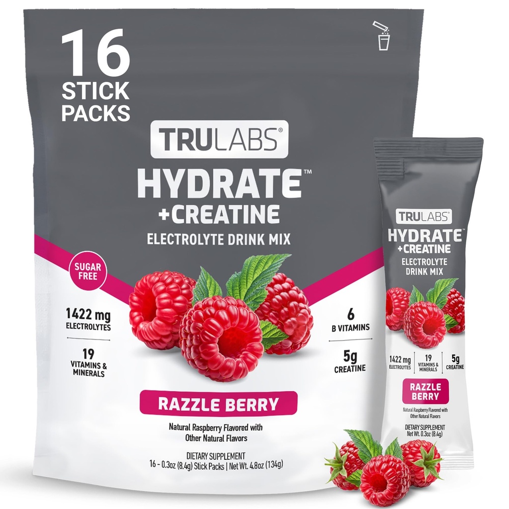 TRULABS Hydrate + Creatine Electrolytes Drink Mix – Razzle Berry Flavor with 5g Creatine Monohydrate, 1422mg Electrolytes, 19 Vitamins & Minerals, 6 B Vitamins, Sugar-Free (16 Stick Packs)