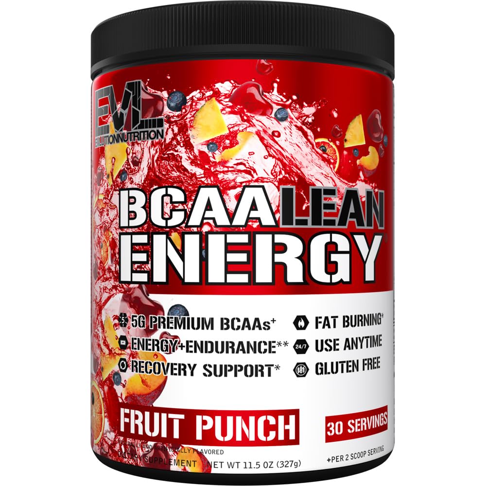 EVL BCAA Lean Energy Powder - Préentraînement Green Tea Fat Burner Support avec BCAAs Amino Acides et des Energizers propres - BCAA Powder Post Workout Recovery Drink for Lean Muscle Recovery - Fruit Punch