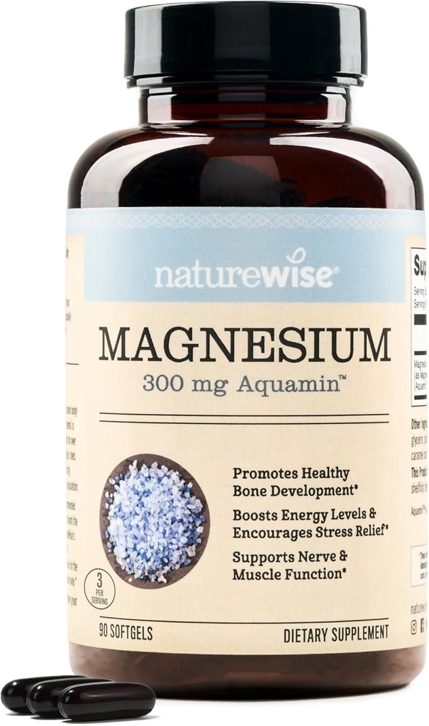 NatureWise Supplément de magnésium marin à haute absorption 300mg - Magnésium naturel provenant de l'eau de mer - Non-OGM, États-Unis Fabriqué - 90 Softgels[1-Mois]