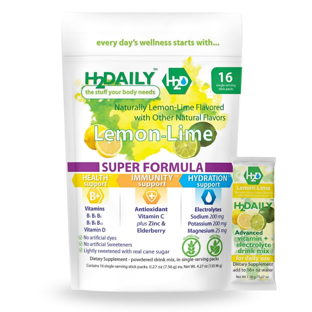 Health, Immunity & Hydration Drink Mix, 16 Stick Packs, Electrolytes, B,C,D Vitamins, Zinc & Elderberry. Lightly Sweet, No Artificial Sweeteners or Dyes (Lemon-Lime)