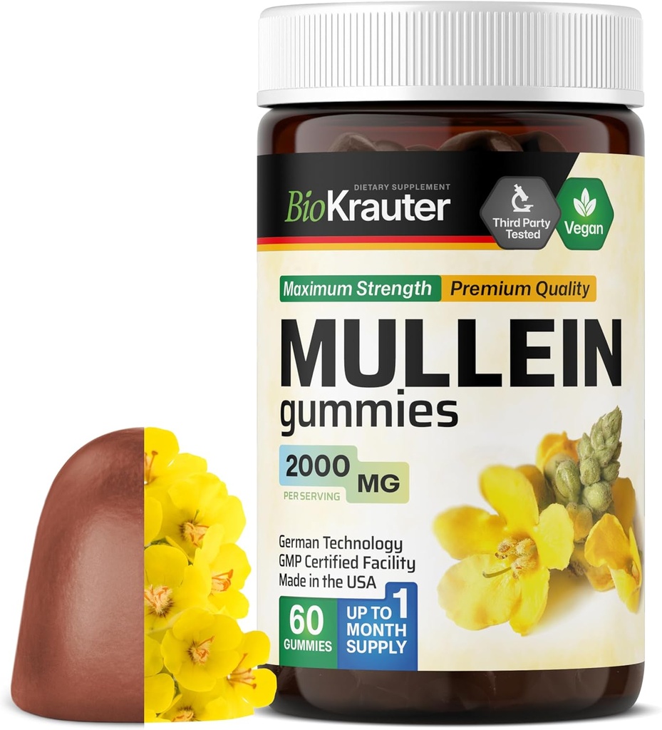 BIO KRAUTER Mullein Gummies pour les poumons 2000 mg - 60 Chews - Supplément de désintoxication pulmonaire - Mullein Leaf Gummies - Vegan, sans gélatine