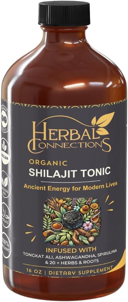 Herbal Connections Organic Shilajit Tonic 16 oz | 32 Servings | 20-Herb Adaptogen Blend w/Ashwagandha, Maca, Spirulina & Turmeric | Liquid Energy, Hormone Balance & Detox Support | Vegan, Non-GMO