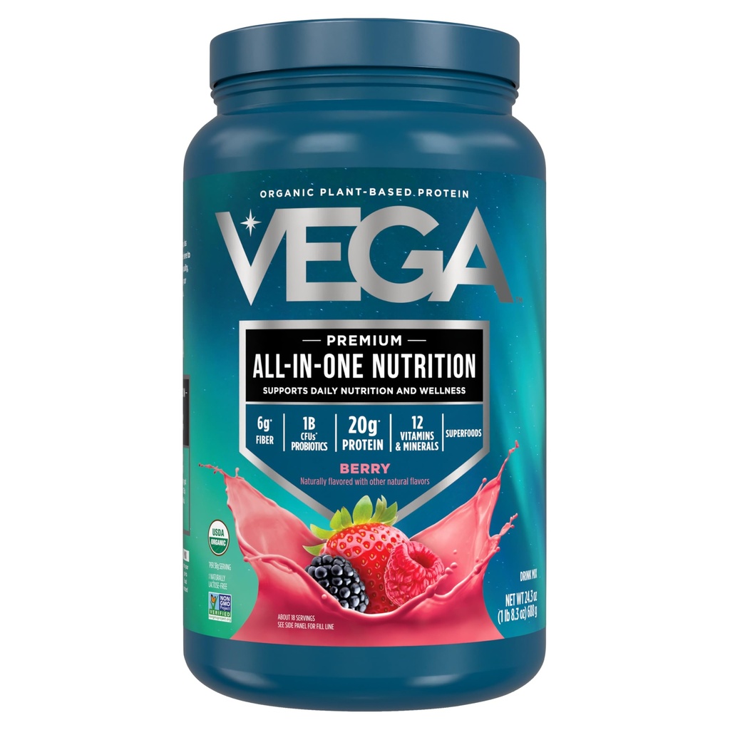 Vega All in One Nutrition Organique - 20g de protéines végétales de pois, baies, 20 portions, vitamines A et C, probiotiques, verts, végétalien, kéto, sans gluten, 24.3oz (paquetage mai Vary)