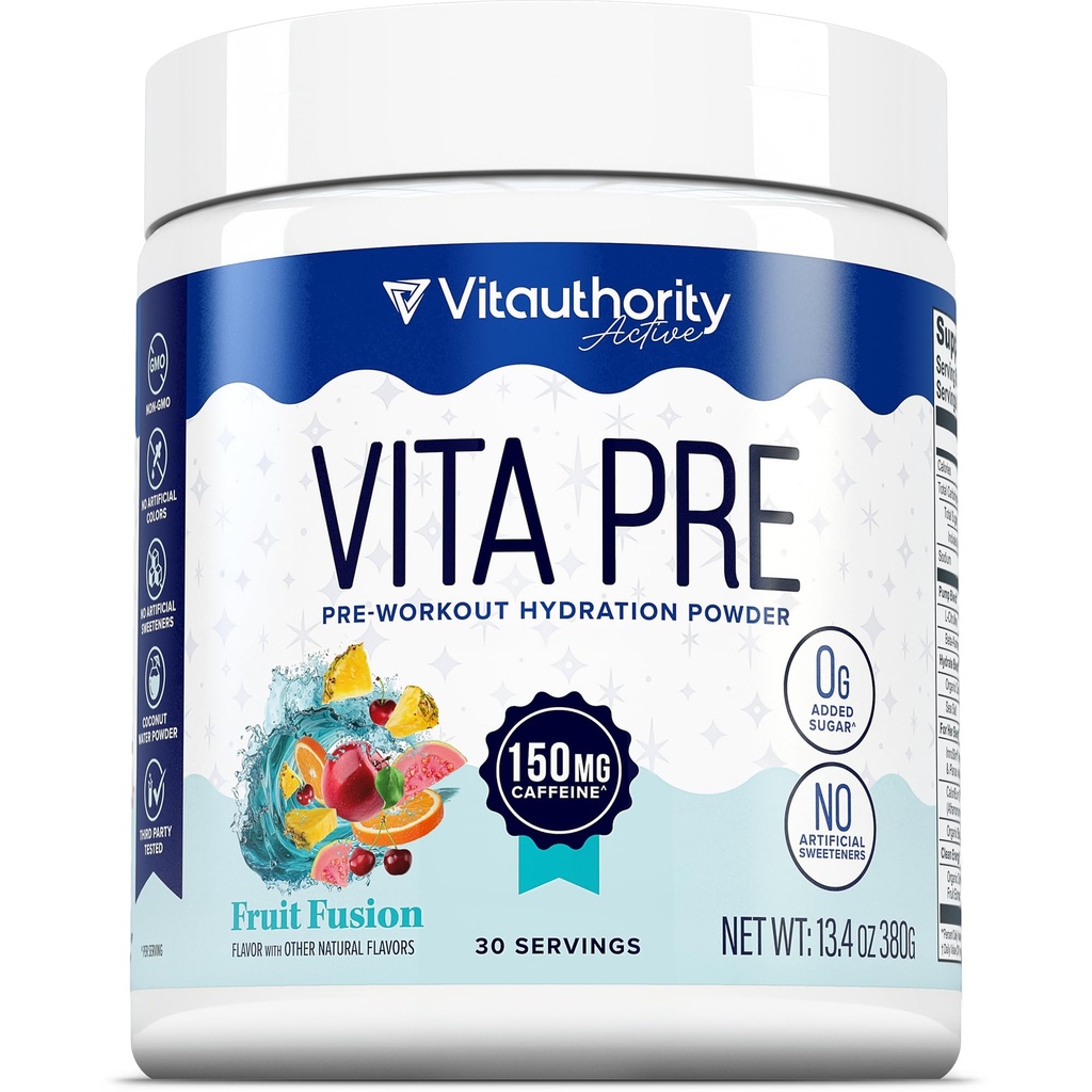 Vitauthority Pre-Workout Hydration Powder for Women Clean Energy & Endurance, L-Citrulline, Beta-Alanine, Organic Coffeeberry with Coconut Water & Sea Salt Fruit Fusion Flavored