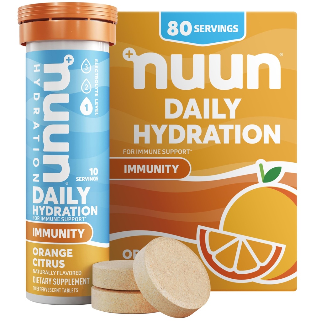 Nuun Immunity Electrolyte Comprimés avec vitamine D, C, E, & A, Ginger, Elderberry, Magnésium et 4 autres électrolytes essentiels, Vegan, Orange Citrus, 8 Pack (80 portions Total)