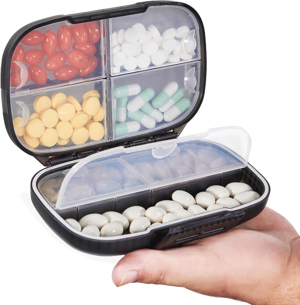 Sukuos Travel Pill Organizer Weekly avec double serrure, Pill Box portable avec grand 7 compartiment, récipient de médecine quotidienne hermétique avec étiquettes pour les vitamines/huiles de poisson / suppléments