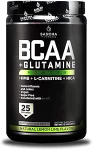 SASCHA FITNESS BCAA 4:1:1 + Glutamine, HMB, L-Carnitine, HICA.Poudrière puissante et instantanée avec acides aminés à chaîne ramifiée (BCAA) pour pré, intra et post-entraînement.