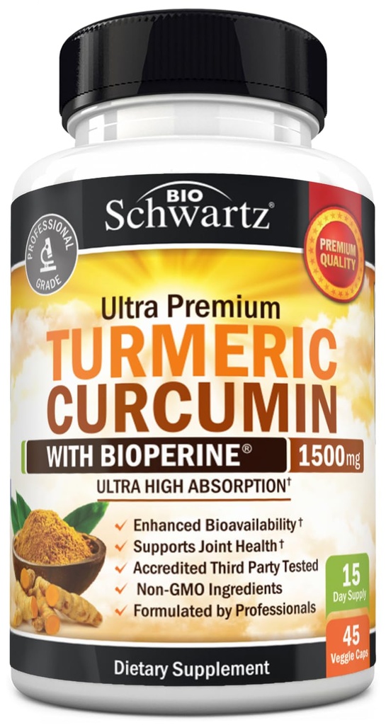 Curcumine curcumine avec extrait de poivre noir 1500mg - Supplément curcuma ultra-potent à haute absorption avec 95% Curcuminoides et BioPerine - Capsules Tumériques non OGM pour le soutien des articulations - 45 Capsules