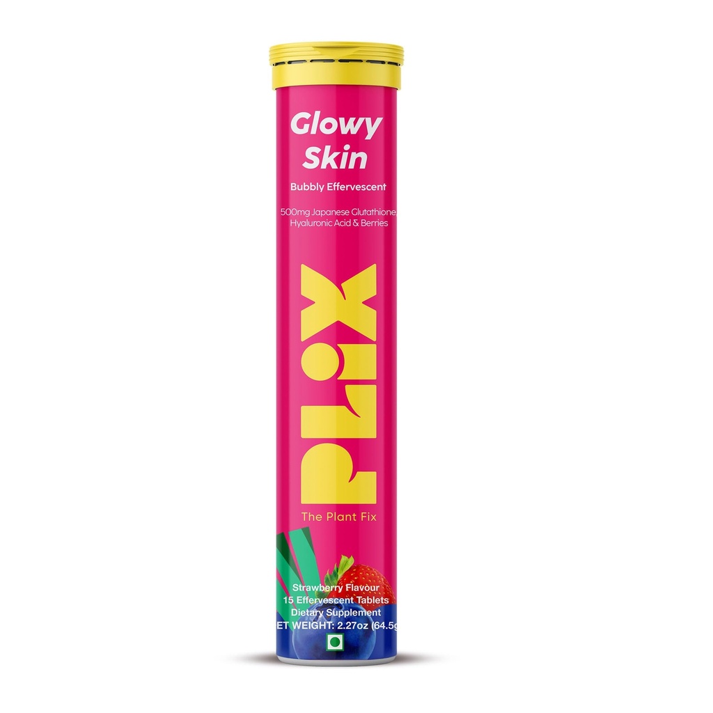 PLIX Glowy Skin 500mg Glutathione Supplement with Hyaluronic Acid, Vitamin C, E & Berries | 15 Effervescent Tablets, Strawberry Flavor