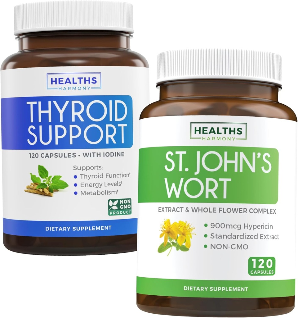 Bundle of St. John's Wort & Thyroïde Support - Mood Boost & Balance Bundle - St. John's Wort (non-OGM) avec puissant extrait d'hypericine de 900 mcg et support thyroïde avec Iodine pour l'amélioration énergétique