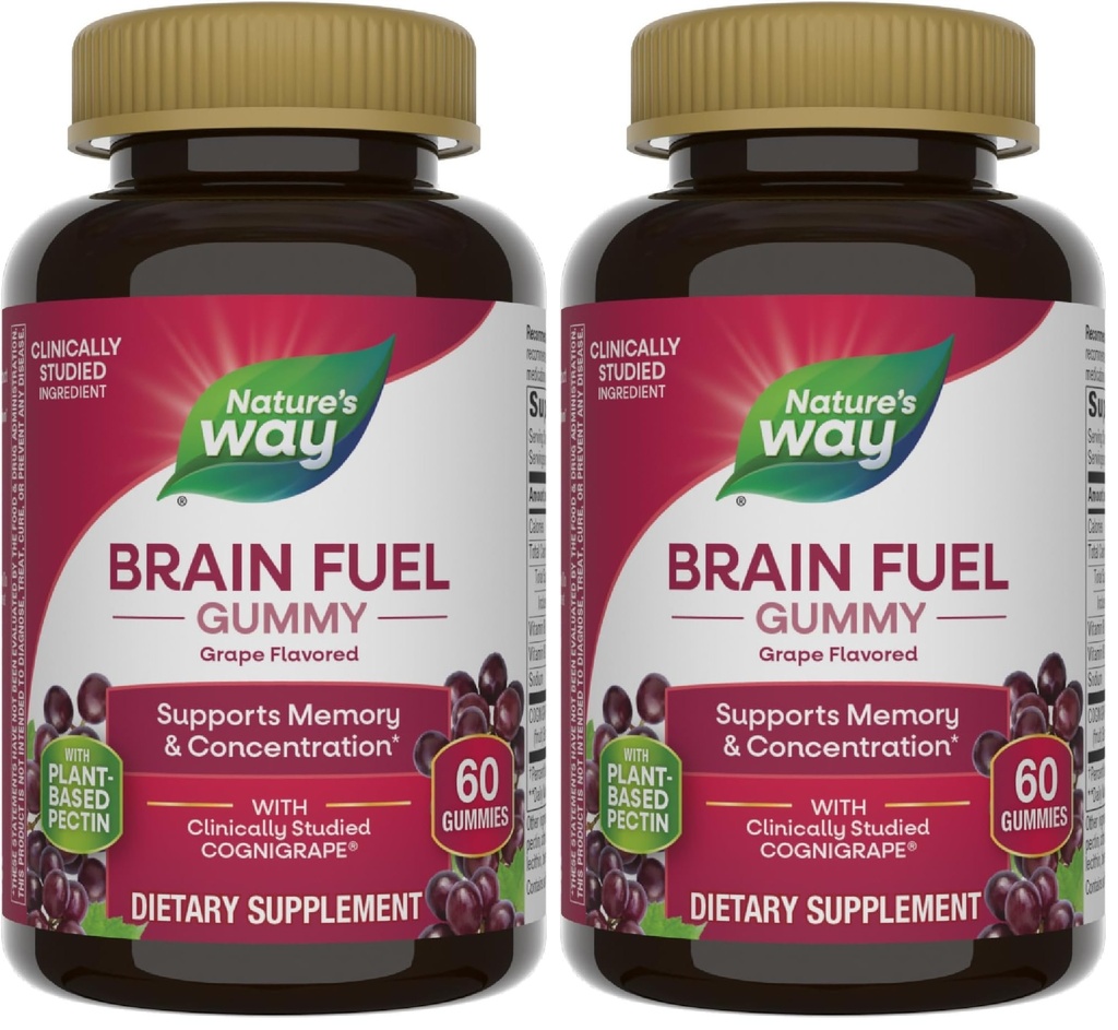 Nature's Way Brain Fuel, Supports Memory and Concentration*, Brain Function Support Supplement*, Clinically Studied Cognigrape®, Grape Flavored, 60 Gummies,(Pack of 2)