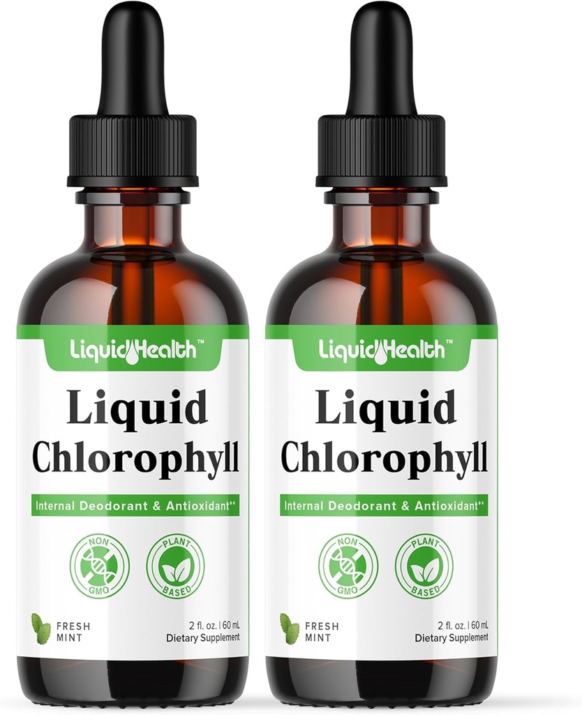 LIQUIDHEALTH gouttes de chlorophylle liquide - Désodorisant interne, antioxydants, détox hépatique, soutien immunitaire, soulager la mauvaise haleine, réduire l'appétit, collagène pour la santé des cheveux et de la peau - végétalien, non-OGM (2 pack)