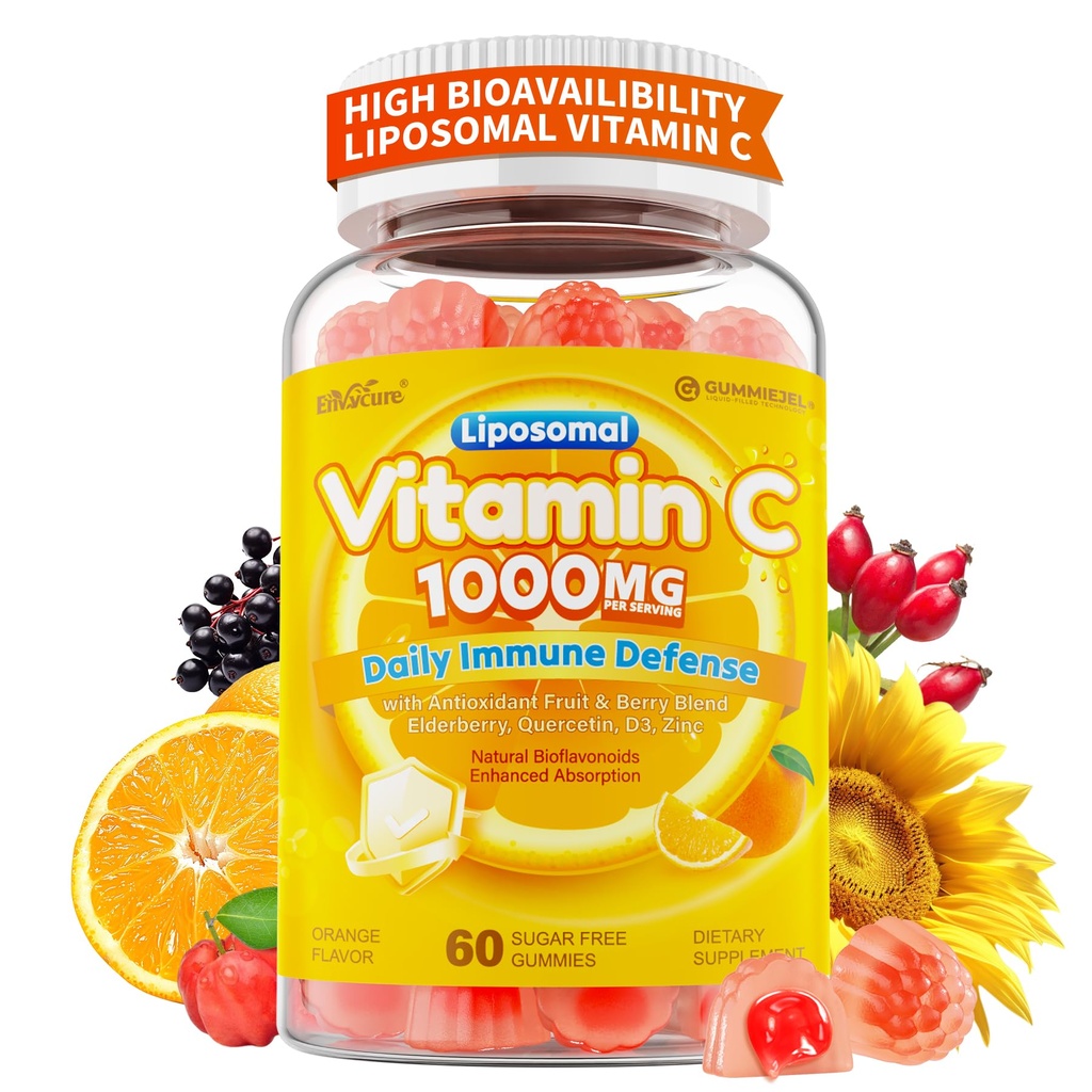 Liposomal Vitamin C Gummies 1000 mg for Adults, High Absorption VIT C Supplement with Elderberry, Quercetin, D3, Zinc for Immune, Antioxidant Support & Seasonal Wellness, Sugar Free, Vegan, 60 Count