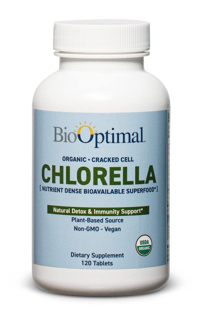 Comprimés BioOptimal Organic Chlorella - Organique, Non-OGM, Pas d'additifs ou de charges - Supplément alimentaire de qualité supérieure de 500mg avec vitamines, minéraux et antioxydants (120 comprimés)
