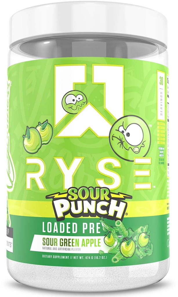 RYSE Loaded Pre Workout Powder - Sour Punch Green Apple - Daily Pre-Workout for Men & Women with 390mg Caffeine, Beta Alanine, and Citrulline for Pump, Focus, and Energy - 30 Servings