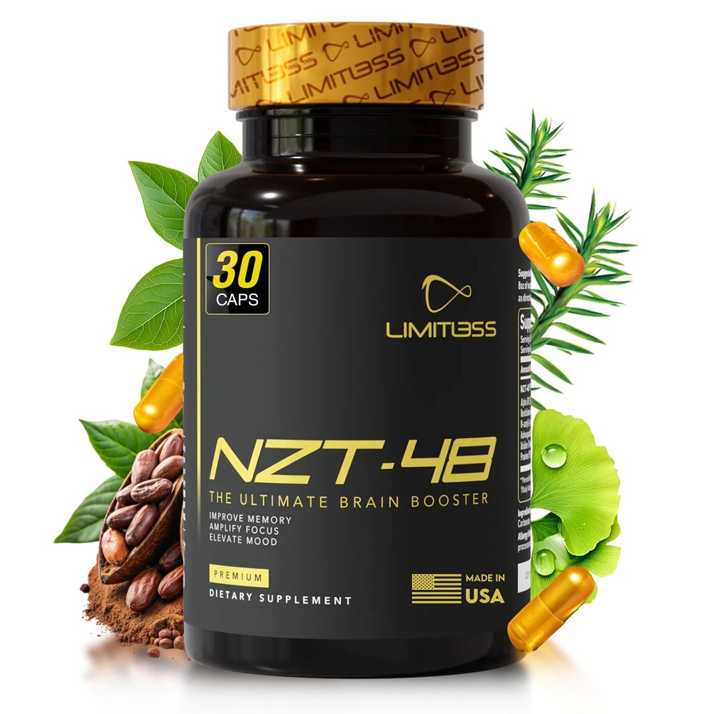 NZT-48 Cerveau Booster - Suppléments Cerveau Nootropique pour la Mémoire et Focus- Supplément Premium Énergie Naturelle avec Caféine, Phosphatidylsérine, Vitamines B6 & B12, Ashwagandha - 30 portions