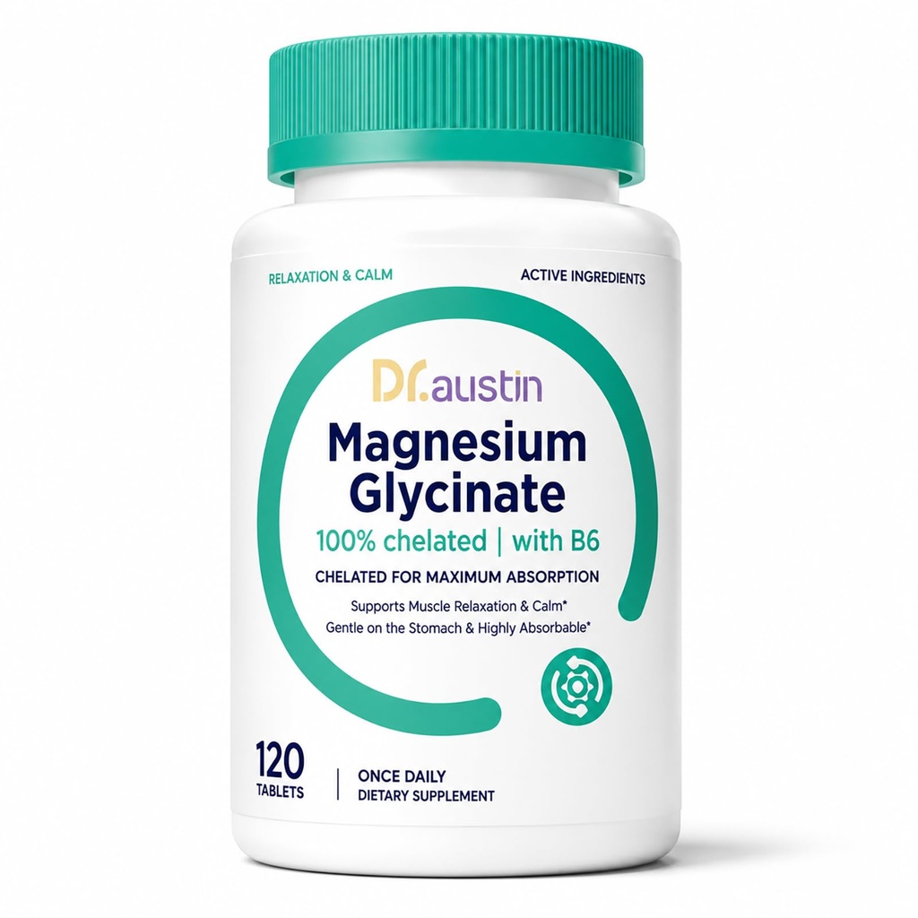 Dr. Austin Magnesium Glycinate 200mg with Vitamin B6, High Absorption Chelated Magnesium Supplement for Muscle Relaxation, Calm & Sleep Support, Gentle on Stomach, Non-Laxative, 120 Tablets