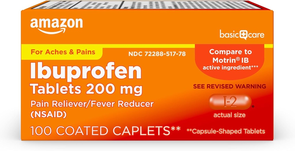 Soins de base Ibuprofène Comprimés, 200 mg, analgésique et réducteur de fièvre, pour l'arthrite, les dents, les maux de dos et plus, 100 Compte