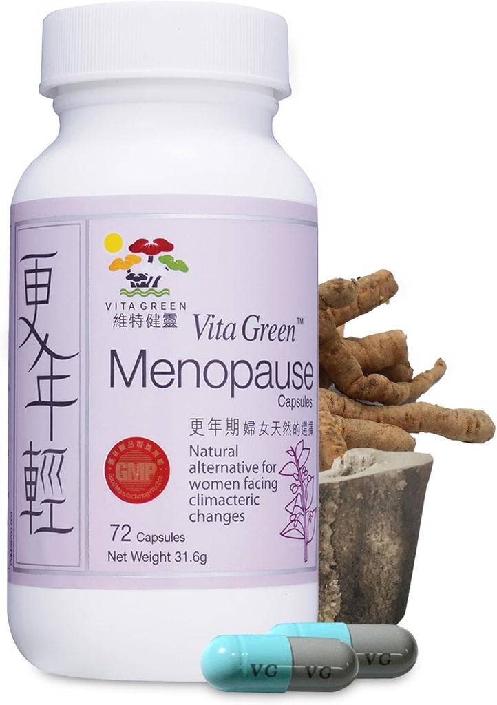 Suppléments de ménopause vert Vita pour les femmes, Flashs chauds Ménopause Relief, Symptômes de la ménopause, peau hormonale et état des cheveux Améliorer, soulagement du sommeil, sueurs nocturnes, 100% naturel - 72 capsules