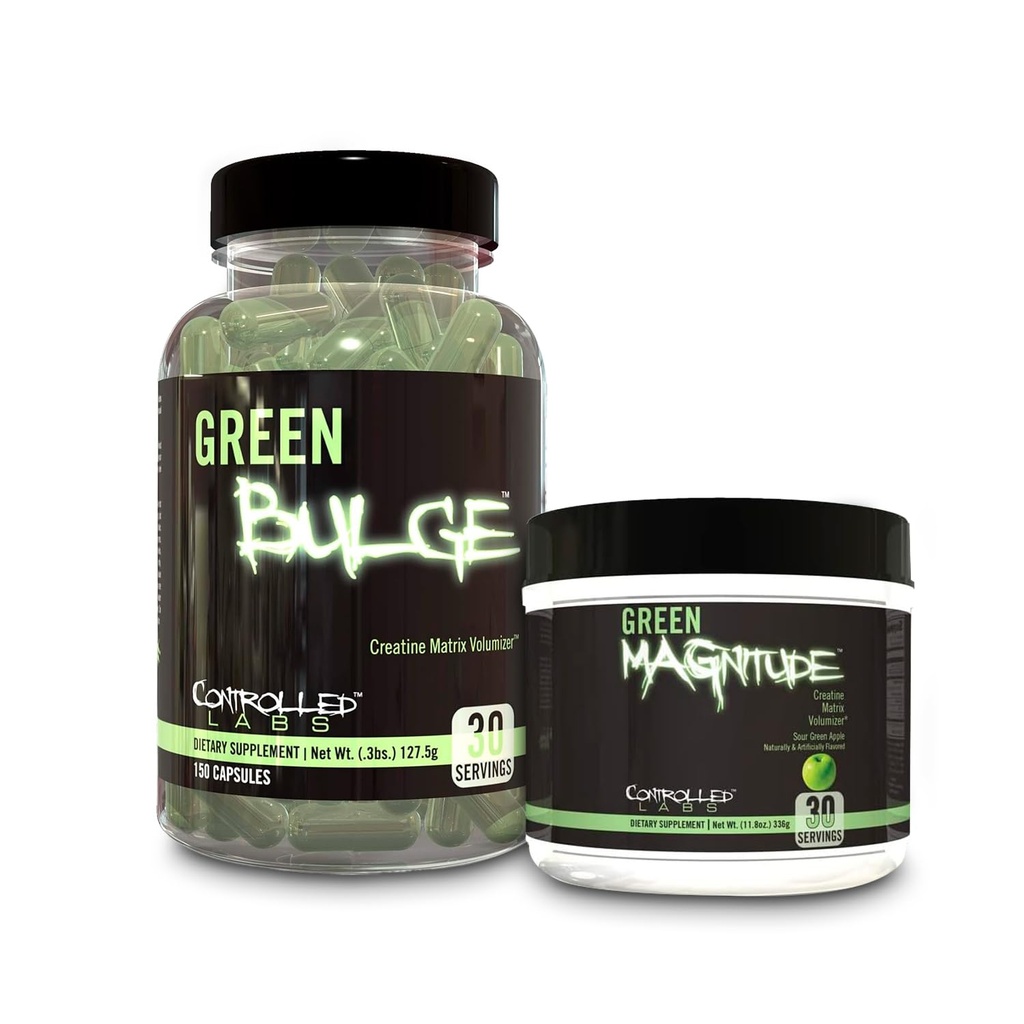 CONTROLLED LABS Bundle: Green Magnitude Sour Apple (30 svgs) + Green Bulge (30 svgs) – Creatine Support for Strength, Stamina & Recovery