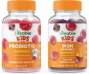 Lifeable Probiotic 2 milliards d'UFC Enfants + Fer et vitamine C Enfants, Gommies Bundle - Grande dégustation, supplément de vitamine, sans gluten, sans OGM, gommy à croquer