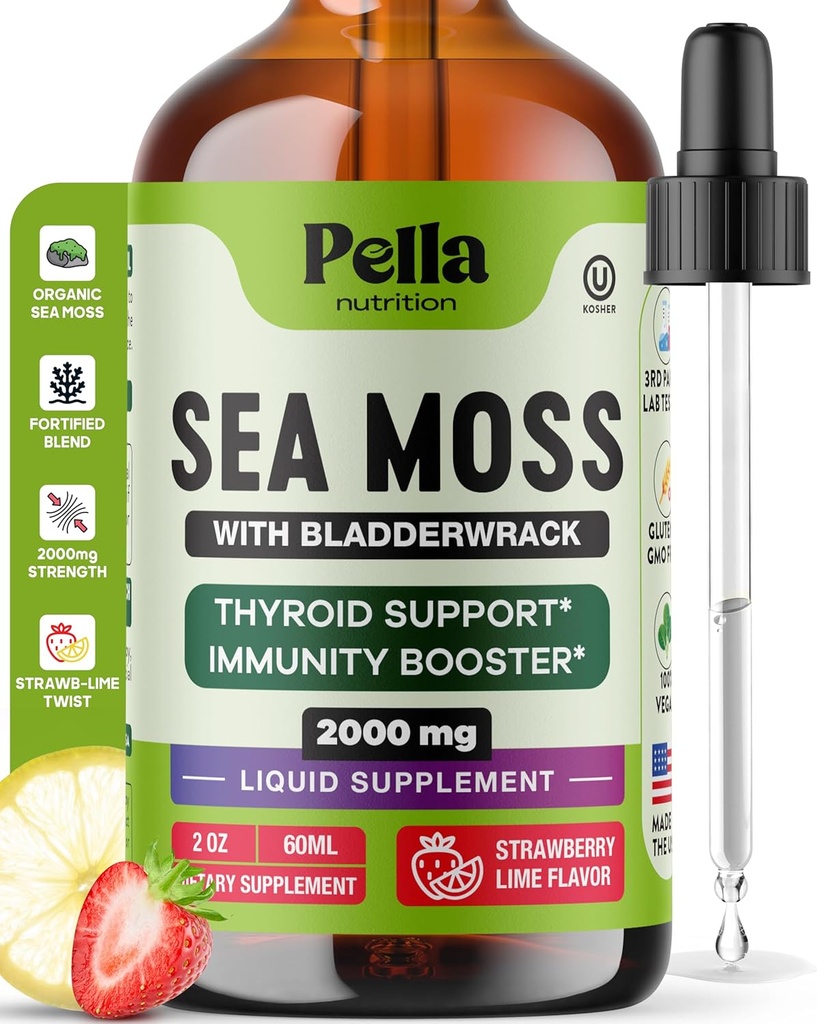 Pella Nutrition Sea Moss Drops with Bladderwrack – 4X Faster Absorption Through Irish Sea Moss Gel Superfood, Gummies et Capsules – Supplément de soutien digestif et immunitaire (Strawberry Lime, 60mL)