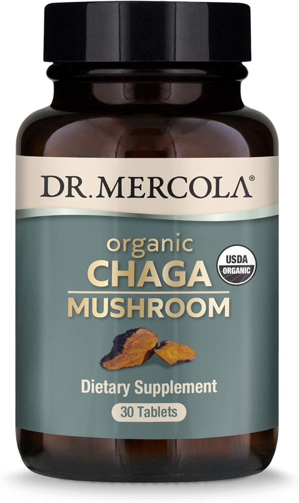 Dr. Mercola Organic Chaga Champignon, 30 portions (30 comprimés), supplément alimentaire, soutient la fonction immunitaire saine, non-OGM, certifié USDA Organic, NSF Contenu certifié