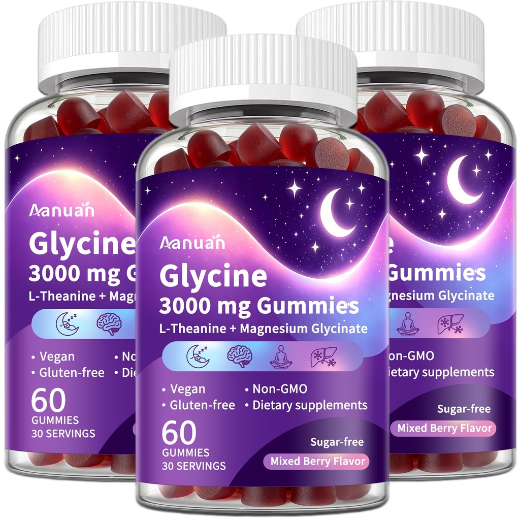 (3 Pack) Glycine Gummies, Glycine 3g With L-theanine & Magnesium Glycinate, Glycine Supplements for Sleep, Detox, Relax, Nerve Support, High Absorption, Sugar Free, Vegan, Non-GMO, Mixed Berry Flavor