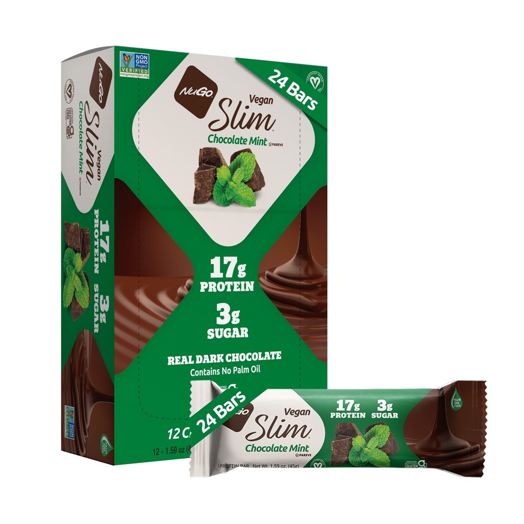 Mine de chocolat noir mince Nugo, 18g Protéines végétales, 3g de sucre, 6g de fibre, faible carbure net, Keto amical, sans gluten, 24 Compte