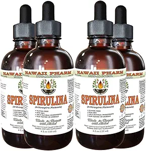 Spiruline Extrait liquide sans alcool, Spiruline biologique (Arthrospira platensis) Algae séché Glycérite supplément à base de plantes naturelles, Hawaii Pharm, États-Unis 4x4 fl.oz