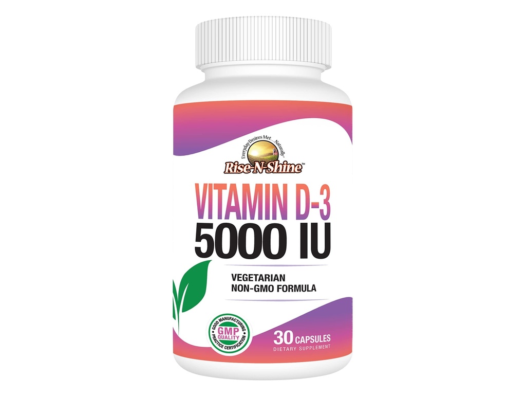 Rise-N-Shine Vitamine D3 5000 UI suppléments pour les femmes et les hommes - soutient la santé immunitaire - 30 jours d'approvisionnement - 30 capsules végétales