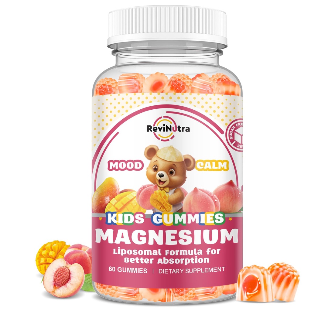 Liposomal Kids Magnesium Gummies- Magnesium Glycinate Gummies for Kids Supplement-w/Omega-3, Vitamin B6, D3- Support Calm Stress Relief, Bones, Mood, Peach & Mango Flavor, 60 Count