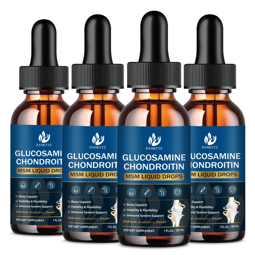 (4 Pack) Glucosamine Chondroitin MSM Liquid Drops, High Absorption, Antioxidant, Immune, Bone Support, MSM Supplement for Men & Women, Vegan, Sugar-Free, Raspberry Flavor, 1 Fl Oz