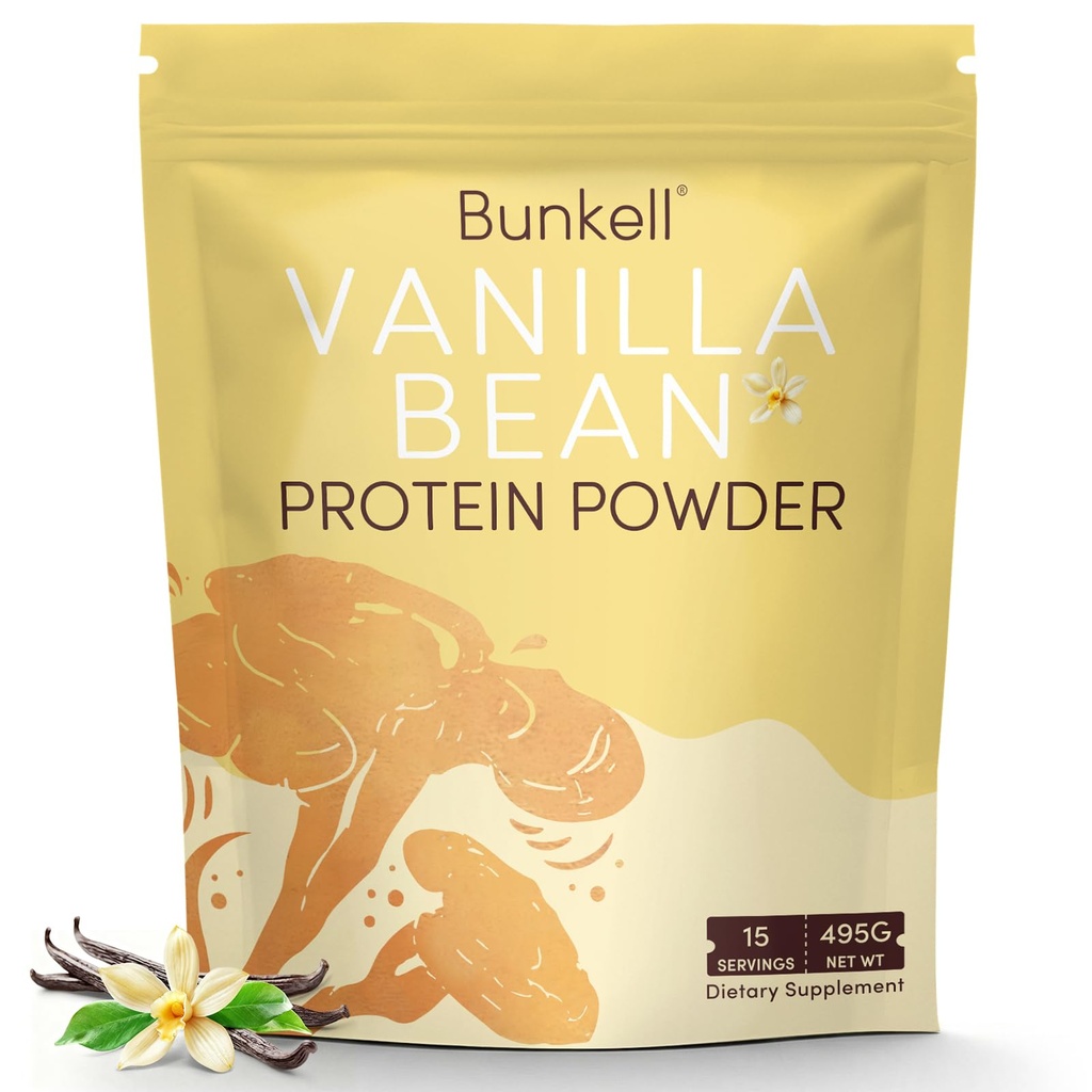 Bunkell Vanilla Bean Protein Powder with 100% Grass-Fed Whey & Plant Proteins, 22g of Protein, Vanilla Bean & Cinnamon, No Added Sugar, Non-GMO, Gluten Free, 1.1LB