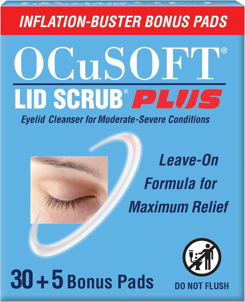 OCuSOFT Lid Scrub PLUS 35 - Bougies pré-humidifiées sur les paupières pour des conditions modérées à sévères - Nettoyant hydratant des paupières pour un soulagement maximal - 35 Compte