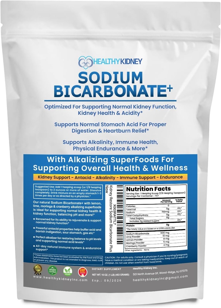 Utilisation biologique Bicarbonate de sodium Supplément alcalin pour l'alcalinité. Soutien des reins et de l'acide stomach Neutralizer avec/Alkaline Superfoods. Poudre de bicarbonate de sodium Rein Imune Support Antiacide Sports 1LB