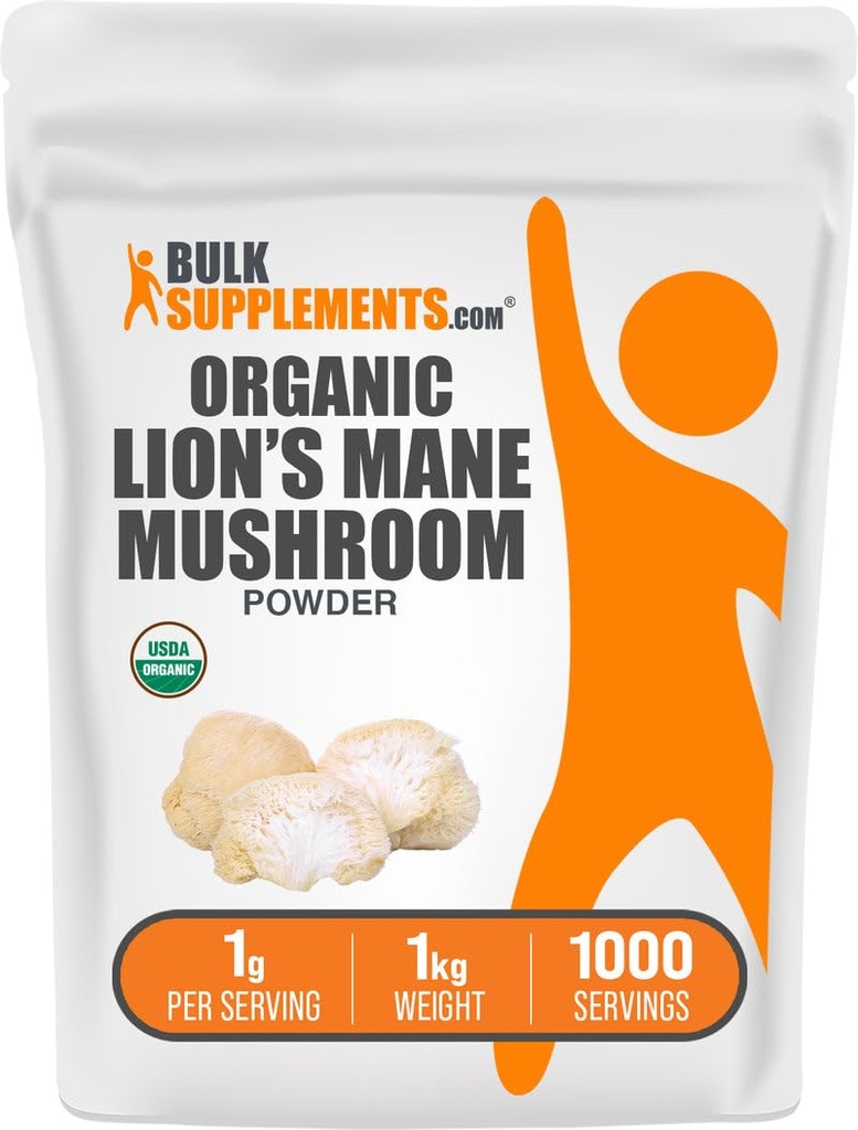 BulkSupplements.com Poudre de champignons Lions biologiques - Poudre de champignons Lions, Supplément de champignons - Vegan & Gluten Free, 1g par portion, 1kg (2,2 lbs) (paquet de 1)