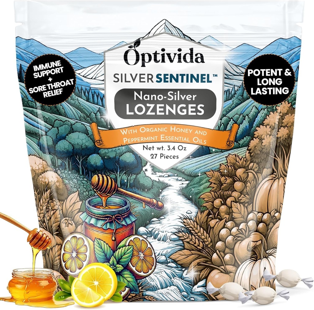 OPTIVIDA Health Lozanges d'argent colloïdal au miel et à l'huile de citron (1 pack) - Lozages de gorge apaisants pour adultes avec soulagement de la toux et formule Nano Silver à action rapide pour le soutien immunitaire, 60 Ppm