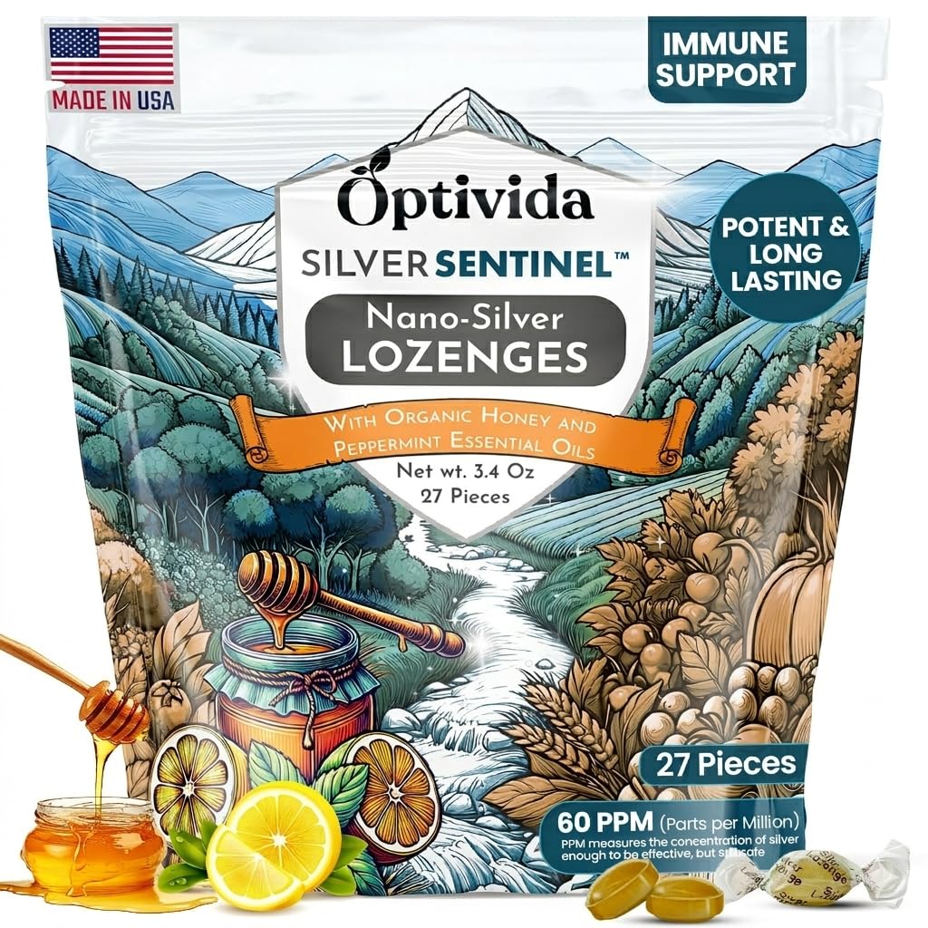 OPTIVIDA Nano Colloidal Silver Lozenges 60 PPM - Organic Cough Drops for Adults & Kids - Natural Honey Sore Throat Lozenges for Immune Support - Soothing Lemon Lozenges, Non GMO, Gluten Free - 27ct